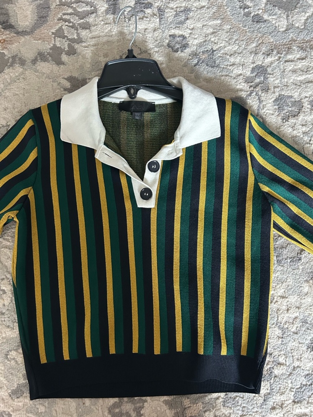 Zara Green, Yellow and Black Striped V-Neck Polo Sweater